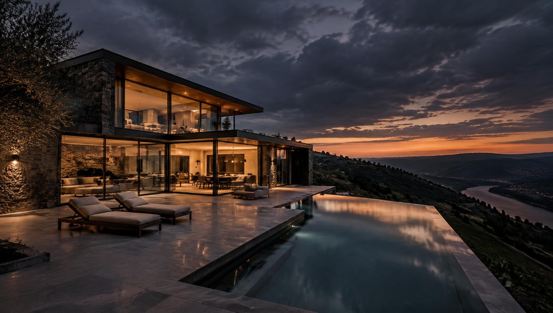 Villa contemporânea de luxo em Portugal ao anoitecer